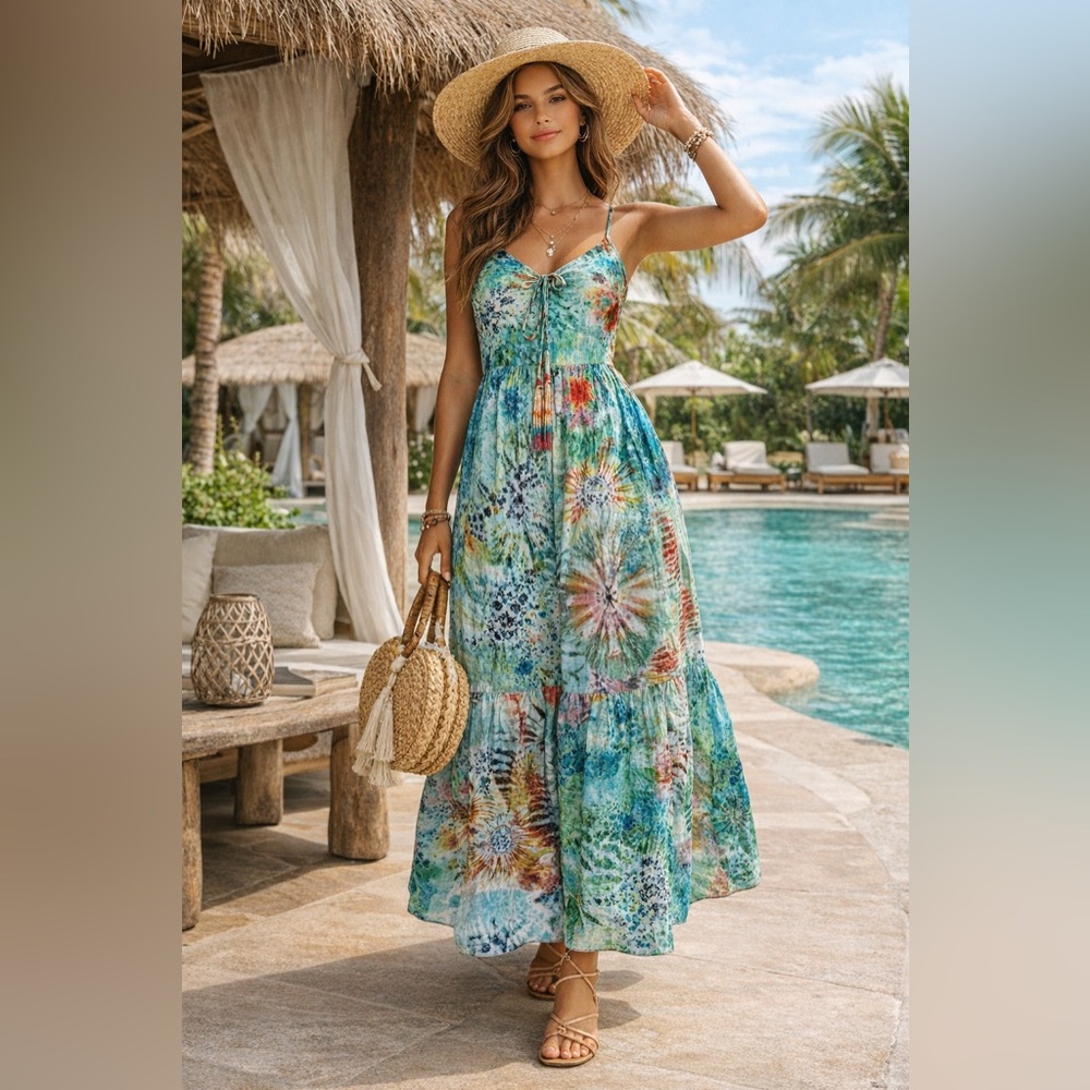 True Destinations Tie Dye Maxi Dress Small Boho Sundress Open Back 100% Cotton